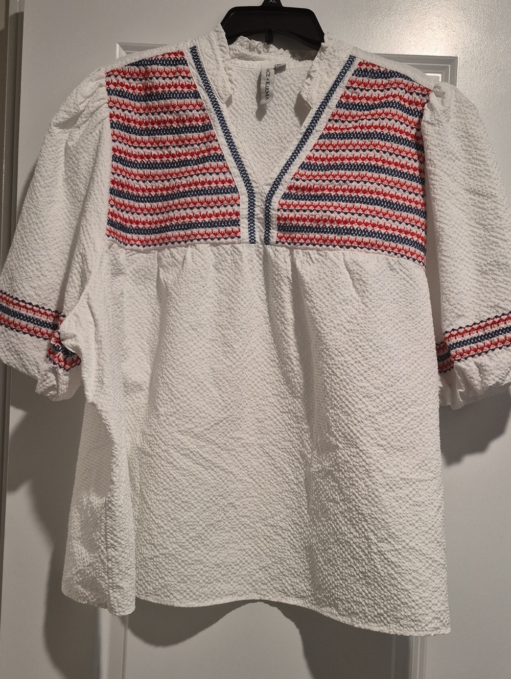 White Peasant Blouse with Red & Blue Embroidery 4th Of JULY
